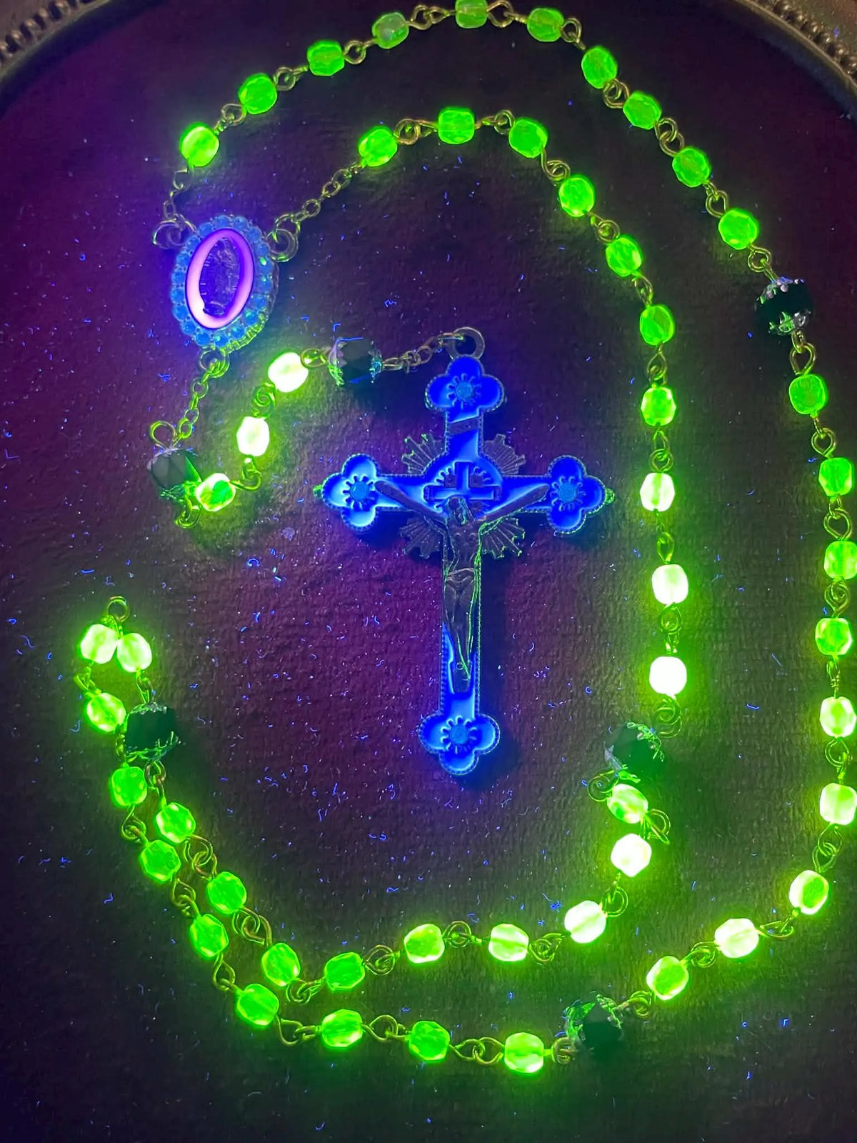 Uranium Glass Rosary | Catholic Crucifix | 59 Beads | UV Glowing