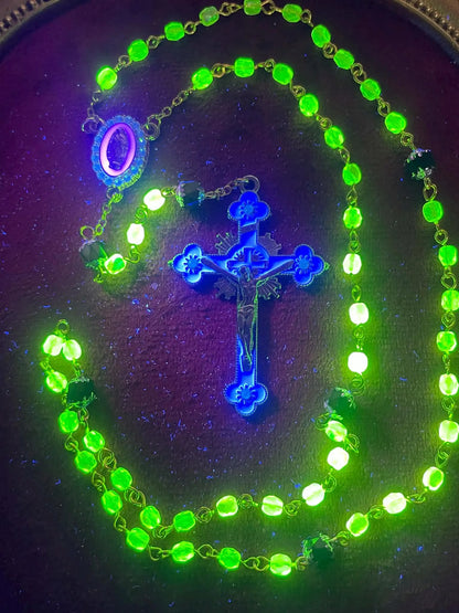Uranium Glass Rosary | Catholic Crucifix | 59 Beads | UV Glowing